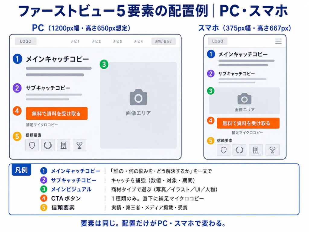 image2 PCとスマホのレイアウト比較図。1:メインキャッチコピー、2:サブキャッチコピー、3:画像エリア、4:オレンジのCTAボタン、5:信頼要素のアイコン。