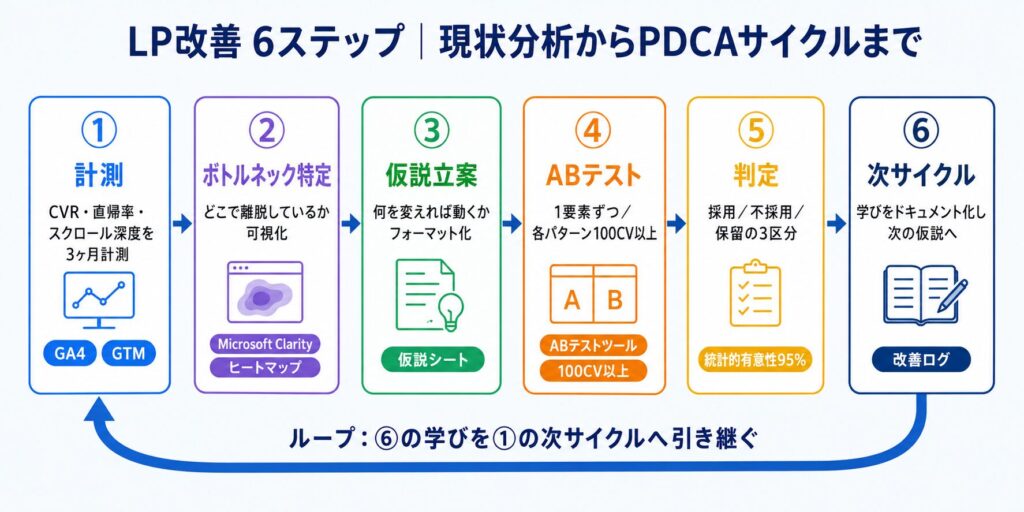 image3 LP改善の6ステップを示すフローチャート。1 計測、2 ボトルネック特定、3 仮説立案、4 ABテスト、5 判定、6 次サイクルへ進行。ループあり。