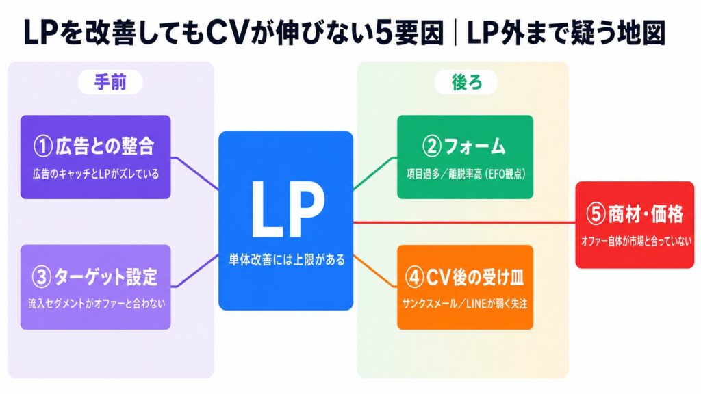 image6 LP改善でもCVが伸びない5要因を地図風に示すインフォグラフィック。左が前段(手前)で①広告との整合、③ターゲット設定、②はLPには関係なく左側へ矢印、中央はLPの限界、右が後ろで④CV後の受け皿と⑤商材・価格の5要因を示す。