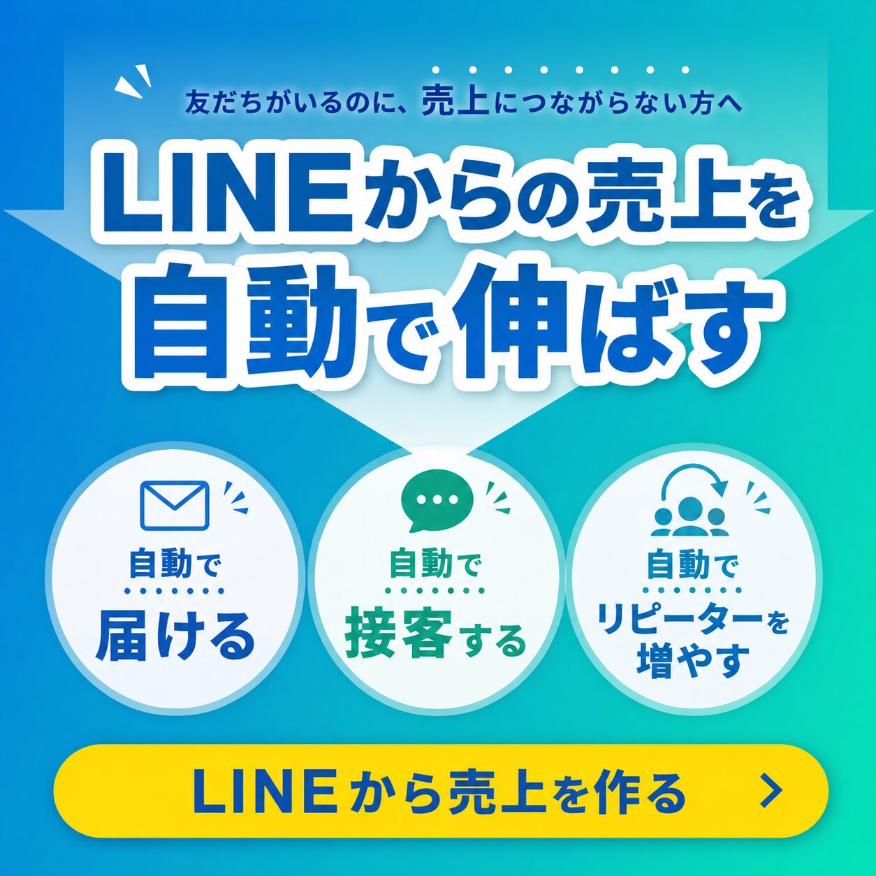 LINEを使って売上を自動で伸ばす方法を紹介する青緑の広告ビジュアル。メール・チャット・リピーター獲得の3つの自動化が強調されている。