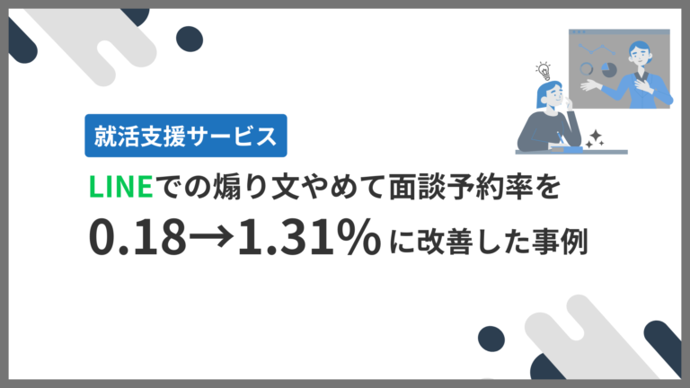 就活支援サービスのヒーローバナー。LINE活用で面談予約率を0.18%から1.31%へ改善した事例の見出しと、プレゼンのイラストを含む。