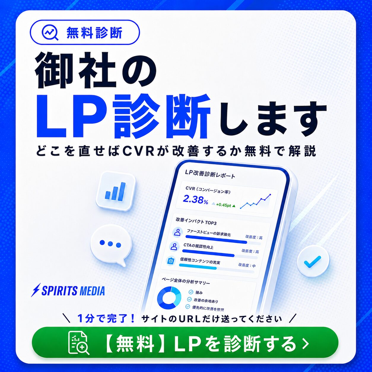 LP診断の無料サービスを案内する広告。大きな日本語の文字とスマホ画面の診断レポートが中央に表示される。なお、青と白のデザインが特徴。
